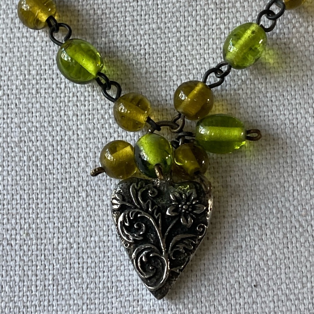 New Green Glass Bead & Grey Chain Necklace with Pewter Floral Heart Pendant
